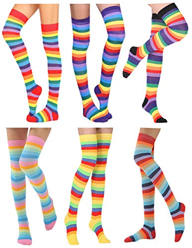 Awlsyj 6 Paar Kniestrümpfe mit Regenbogenstreifen, lange Oberschenkelsocken für Halloween, Hexe, Cosplay, Strumpf für Frauen und Mädchen - - Einheitsgröße von Awlsyj