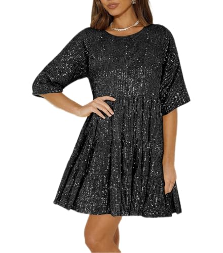 Awlsyj Damen 80er Jahre Fancy Pailletten Kleid Abendkleid Hochzeit Braut Brautjungfer Abschlussball Party Cocktailkleid Lose Casual Kurzer Rock, Schwarz , M von Awlsyj