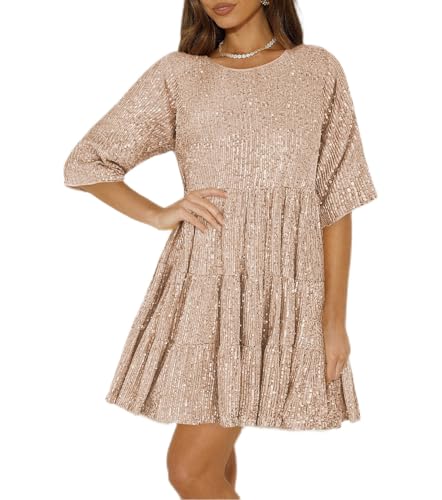 Awlsyj Damen 80er Jahre Fancy Pailletten Kleid mit Taschen Abendkleid Hochzeit Braut Brautjungfer Abschlussball Party Cocktailkleid Lose Casual Kurzer Rock, rose gold, L von Awlsyj