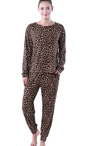 Awlsyj Damen Pyjama Lounge Sets 2 Stück Pjs Set Langarm Nachtwäsche mit Taschen, leopard, 36 von Awlsyj