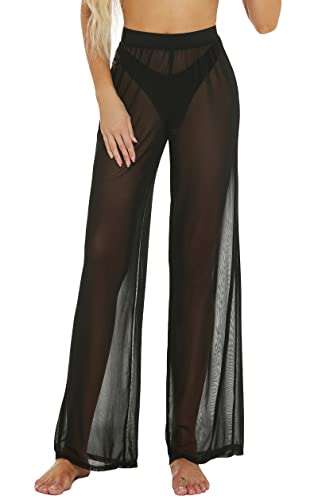 Awoscut Damen durchsichtige Netzhose, Strand, Badeanzug, Bikinioberteil, elastisch, hohe Taille, breite Beine, Hose - Schwarz - X-Large Awoscut Damen durchsichtige Netzhose, Strand, Badeanzug, Bikinioberteil, elastisch, hohe Taille, breite Beine, Hose - Schwarz - X-Large von Awoscut