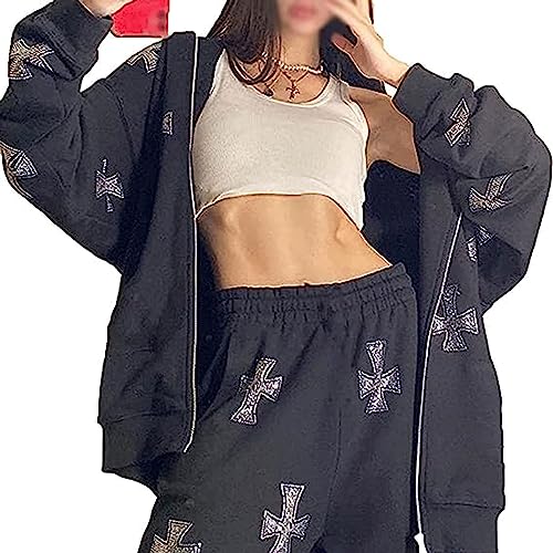 Awoyep 2 Teiliges Print Trainingsanzug Set Jogginganzug Damen Set Trainingsanzug Zweiteiler Frauen Y2K Strass Print Freizeitanzug Kapuzenjacke Sporthose (Color : Schwarz, Size : XL) von Awoyep