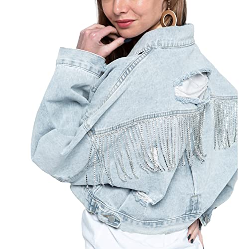 Awoyep Damen Glitzer Jacke Rhinestones Fransen Knöpfen Jeansjacke Konzert Outfits Langarm Quasten Tshirt Pailletten College Party Jacken (Color : Blue1, Size : M) von Awoyep