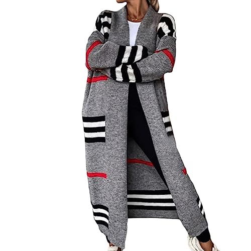 Awoyep Damen Herbst Strickjacke Casual Gestreift Cardigan Outwear Lose Strickpullover Langarm Coat Casual Cardigan Damen Strickmantel (Color : Gray, Size : XXL) von Awoyep