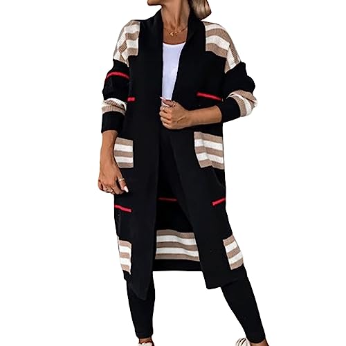 Awoyep Damen Streifen Strickjacke Langarm Open Front Cardigan Herbst Winter Lang Outdoorjacke Strickmantel Strickjacke Damen Lang (Color : Schwarz, Size : L) von Awoyep