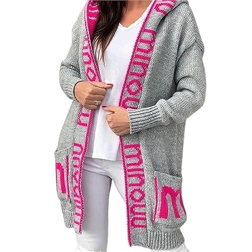 Awoyep Damen Strickjacke mit Kapuze Buchstabe Casual Cardigan Damen Strickmantel Strickpullover Herbst Winter Outwear mit Taschen Herbst Winter Jacke Mantel (Color : Gray Rose, Size : S) von Awoyep