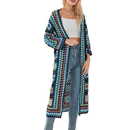 Awoyep Damen Vintage Häkel Open Front Lange Strickjacke Lightweight Lose Cardigan Basic Blumenstick Sweater Gestrickt Jacke für Freizeit Aushöhlen Cardigan (Color : Blue, Size : One Size) von Awoyep