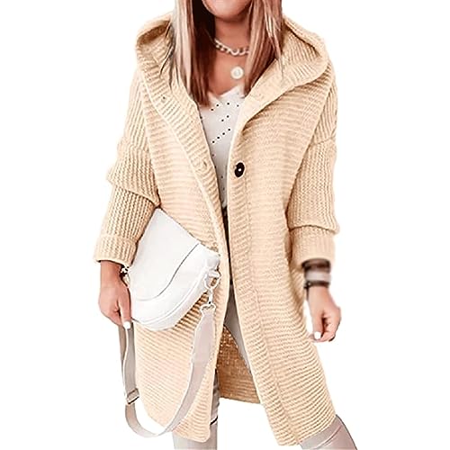 Awoyep Grobstrickjacke Damen Festliche Lange Longstrickjacke Damen mit Kapuze Dicker Strick Winter Cardigan für Frauen Langarm Einfarbig Cardigan Frauen mit Knöpfen Warm Strickmantel (Color : Beige, von Awoyep