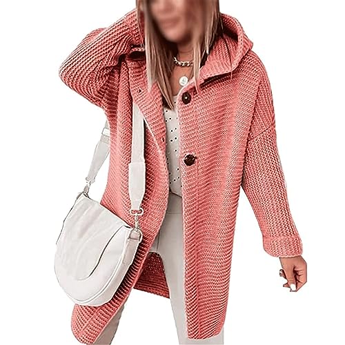 Awoyep Grobstrickjacke Damen Festliche Lange Longstrickjacke Damen mit Kapuze Dicker Strick Winter Cardigan für Frauen Langarm Einfarbig Cardigan Frauen mit Knöpfen Warm Strickmantel (Color : Orange von Awoyep