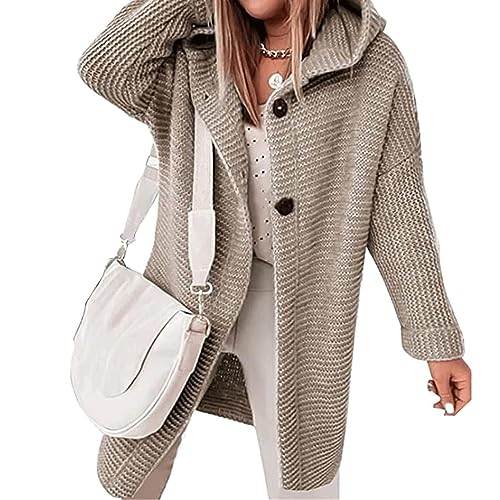 Awoyep Grobstrickjacke Damen Festliche Lange Longstrickjacke Damen mit Kapuze Dicker Strick Winter Cardigan für Frauen Langarm Einfarbig Cardigan Frauen mit Knöpfen Warm Strickmantel (Color : Khaki, von Awoyep