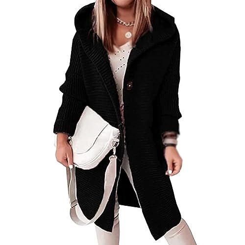 Awoyep Grobstrickjacke Damen Festliche Lange Longstrickjacke Damen mit Kapuze Dicker Strick Winter Cardigan für Frauen Langarm Einfarbig Cardigan Frauen mit Knöpfen Warm Strickmantel (Color : Schwarz von Awoyep