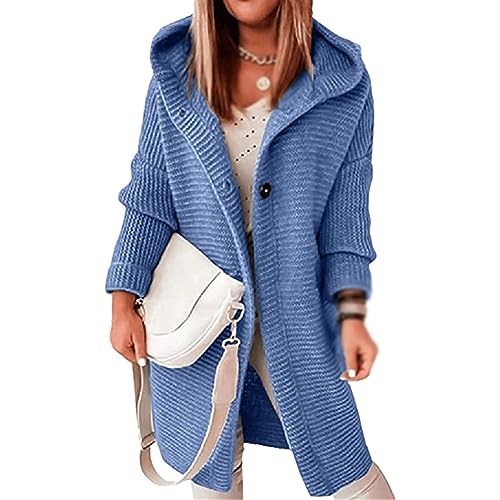 Awoyep Grobstrickjacke Damen Festliche Lange Longstrickjacke Damen mit Kapuze Dicker Strick Winter Cardigan für Frauen Langarm Einfarbig Cardigan Frauen mit Knöpfen Warm Strickmantel (Color : Blue, von Awoyep