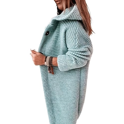 Awoyep Grobstrickjacke Damen Festliche Lange Longstrickjacke Damen mit Kapuze Dicker Strick Winter Cardigan für Frauen Langarm Einfarbig Cardigan Frauen mit Knöpfen Warm Strickmantel (Color : Mint gr von Awoyep