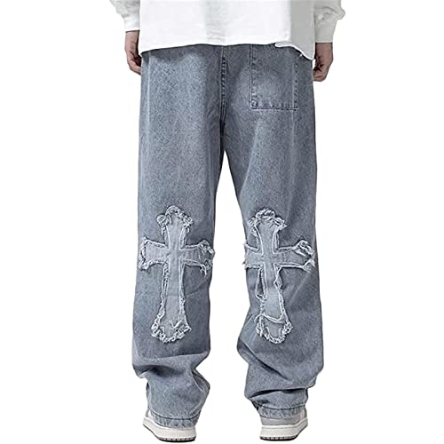 Awoyep Herren Baggy Jeans Hip Hop Jeans Casual Cargo Jeans Baggy Fit Hose Skater Skateboard Hose Baggy Jeans Herren Bedruckte Hose (Color : Blue, Size : L) von Awoyep