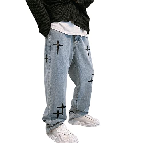 Herren Baggy Jeans Hip Hop Jeans Teenager Junge Streetwear Skateboard Y2K Hose Vintage Bedruckte Jeans Skater Skateboard Hose (Color : Blue, Size : M) von Awoyep