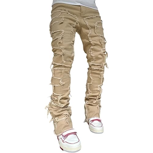 Awoyep Herren Destroyed Stretch Jeans Slim Fit Jeans Skinny Hip Hop Denim Hose mit Löchern für Männer Zerrissene Jeans Schwarze Vintage Freizeithose (Color : Khaki, Size : M) von Awoyep