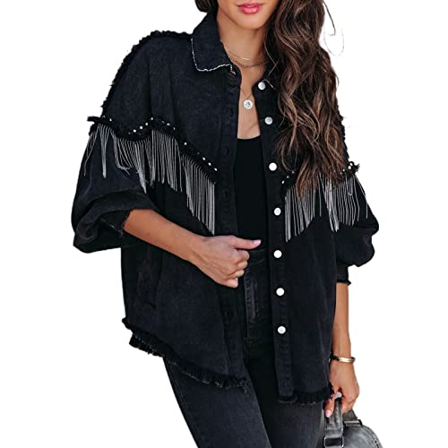 Awoyep Jeans Jacke Damen, Oversize Jeansjacke Damen Lässige mit Nieten Fransenjacke für Damen Geschnittene Jeansjacke mit Kette Jeansjacke (Color : Schwarz, Size : XL) von Awoyep