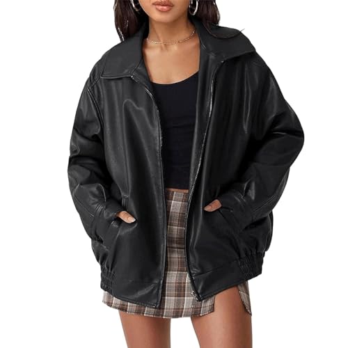 Awoyep Lederjacke Damen Bikerjacke Reverskragen Motoradjacke Leder Jacke Übergangsjacke für Frühling Herbst PU Lederjacke Damen Biker Jacke Slim Fit Moto Biker Frauen Jacke (Color : Black1, Size : S von Awoyep