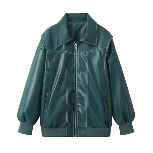 Awoyep Lederjacke Damen Oversize Lang Kunstleder Motorrad Bikerjacke PU Leather Herbst Winter Mantel Bomber Jacke Outwear Streetwear Oberteile Coat (Color : Green, Size : XL) von Awoyep