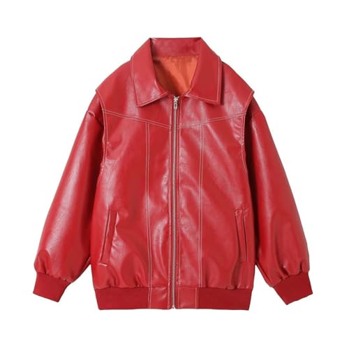 Awoyep Lederjacke Damen Oversize Lang Kunstleder Motorrad Bikerjacke PU Leather Herbst Winter Mantel Bomber Jacke Outwear Streetwear Oberteile Coat (Color : Red, Size : S) von Awoyep