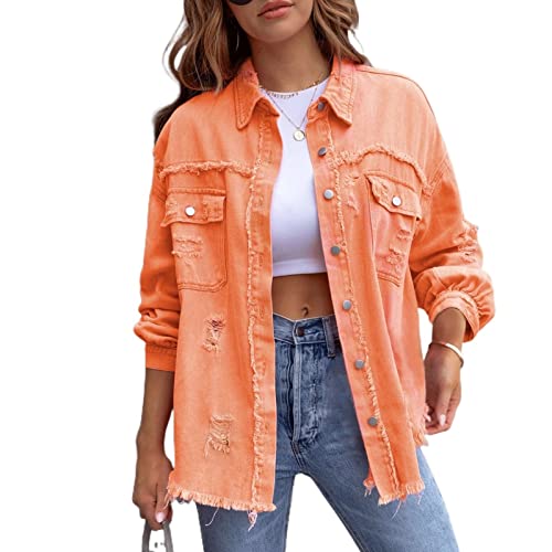 Awoyep Oversized Jeansjacken für Damen, Lose, Langärmlige Jean Jacke mit Modischer Zerrissenheit, Lässige Basic Jeansjacke mit Lange Casual Waschung (Color : Orange, Size : M) von Awoyep