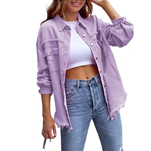 Awoyep Oversized Jeansjacken für Damen, Lose, Langärmlige Jean Jacke mit Modischer Zerrissenheit, Lässige Basic Jeansjacke mit Lange Casual Waschung (Color : Purple, Size : S) von Awoyep