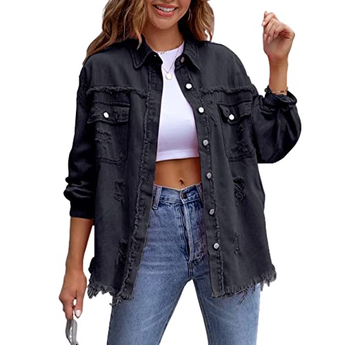 Awoyep Oversized Jeansjacken für Damen, Lose, Langärmlige Jean Jacke mit Modischer Zerrissenheit, Lässige Basic Jeansjacke mit Lange Casual Waschung (Color : Schwarz, Size : L) von Awoyep