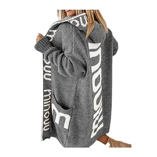 Awoyep Strickjacke Damen Grobstrick Cardigan Lang Buchstabe Cardigan Langarm Grobstrickjacke Strickmantel mit Kapuze Wintermäntel Longstrickjacke Outwear ÜBergangsjacke (Color : Gray, Size : M) von Awoyep