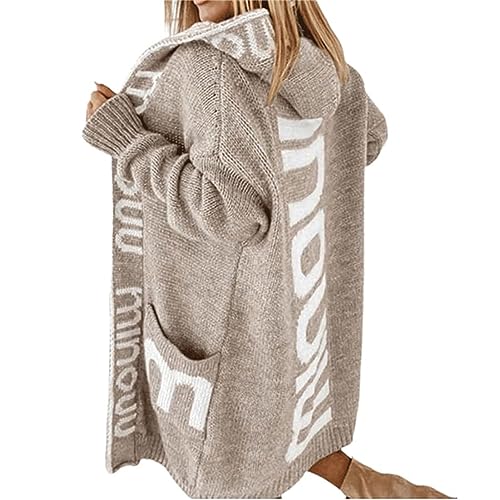 Awoyep Strickjacke Damen Grobstrick Cardigan Lang Buchstabe Cardigan Langarm Grobstrickjacke Strickmantel mit Kapuze Wintermäntel Longstrickjacke Outwear ÜBergangsjacke (Color : Khaki, Size : L) von Awoyep