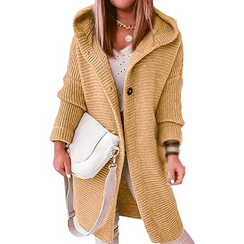 Awoyep Strickjacke Damen Grobstrick Cardigan Lang Damen Einfarbig Langarm Grobstrickjacke Strickmantel mit Kapuze Wintermäntel Longstrickjacke Outwear Elegant ÜBergangsjacke (Color : Yellow, Size : von Awoyep