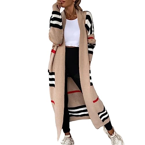 Awoyep Strickjacke Damen Lang Gestreift Cardigan Feinstrick Jacke Oversize Offen Frühling Herbst Outerwear mit Taschen Lässige Langarm Coat Mantel (Color : Camel, Size : XL) von Awoyep