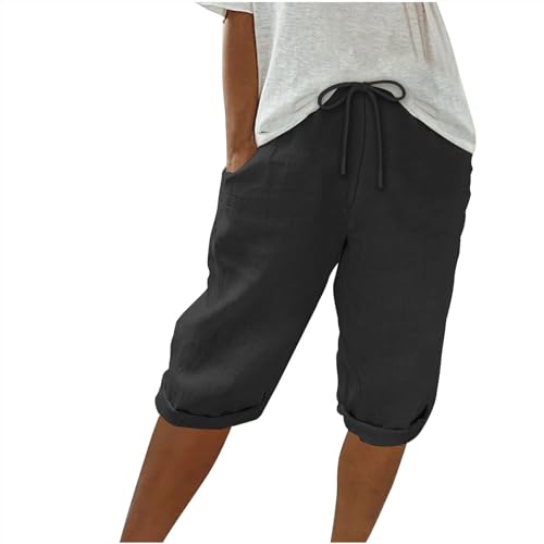 Awrvia Angebot des Tages Heute Sommerhose Damen Leicht Leinenhose Kurze Hosen Luftig Hohe Taille Caprihose Einfarbig Strandhose Knielang Weitem Bein Stoffhose Bequeme Schlabberhose Freizeithose von Awrvia