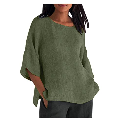 Awrvia Angebot des Tages Leinenbluse Damen Lange Leinenhemd Vintage Einfarbig Longbluse Oversize Locker Tshirt Baumwolle Leinen Bluse Sommer Leichter Hemd V Ausschnitt Blusenshirt Große Größen von Awrvia