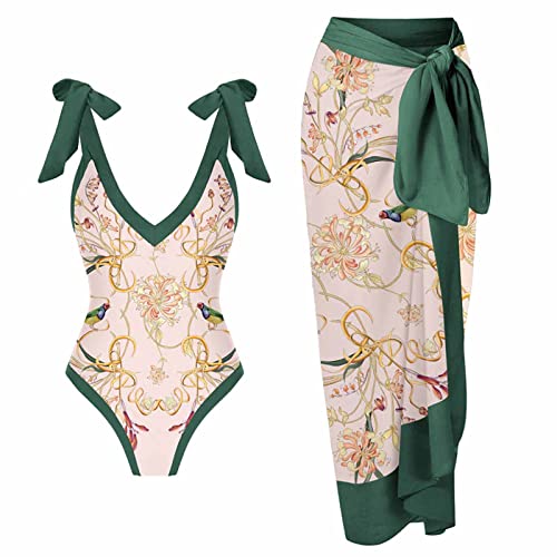 Awrvia Badeanzug Damen Sport Zweiteilig V Ausschnitt Badekleid Elegant Blumen Gedruckt Schwimmrock Set Sexy Mode Badeanzugkleid Sport Langer Schwimmanzug Vintage Monokini Schlanke Strandmode von Awrvia