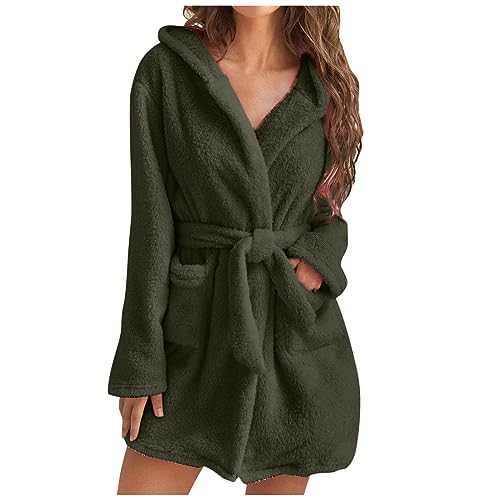 Awrvia Bademantel Damen Leicht Morgenmantel mit Taschen Reisebademantel Frottee Microfaser Saunamantel Lang Langarm Bathrobe V-Ausschnitt mit Kapuze und Gürtel Hausmantel Bequeme Pyjama von Awrvia