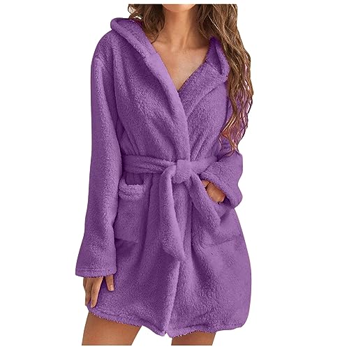 Awrvia Bademantel Damen Leicht Morgenmantel mit Taschen Reisebademantel Frottee Microfaser Saunamantel Lang Langarm Bathrobe V-Ausschnitt mit Kapuze und Gürtel Hausmantel Bequeme Pyjama von Awrvia