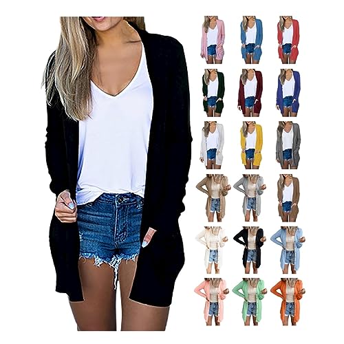 Awrvia Cardigan Damen Lang Strickjacke Dünne Große Größen Übergangsjacke Elegant Baumwolle Langarmshirt Vorne Offen Strickpullover mit Taschen Mantel Freizeit Jacke Festlich Winterjacke von Awrvia