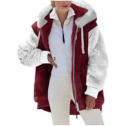 Awrvia Damen Fleecejacke Teddy Fleece Winterjacke Warm Gefüttert Mantel Winter Kapuzenpullover Reißverschluss Hoodie Oversize Jacken Flauschig Plüschjacke Sweatshirt mit Taschen Softshelljacke von Awrvia