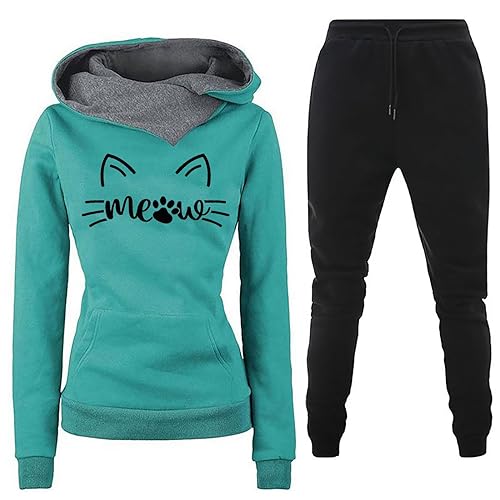 Awrvia Damen Hausanzug mit Kapuze 2 Teile mit Katze Druck Trainingsanzug Langarm Frau Lose Jogginganzug Einfarbig Modische Kapuzenpullover Baumwolle Jogginghose Yoga Gym Traingsanzug von Awrvia