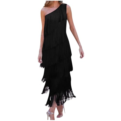 Awrvia Damen Lange Kleid Elegant Klassisch Fransenkleid Cocktail Sexy Maxikleid Ohne Ärmel Festkleid Partykleid Modische Trend Cocktailkleid Quaste Ballkleid Festliche Cocktailkleider von Awrvia