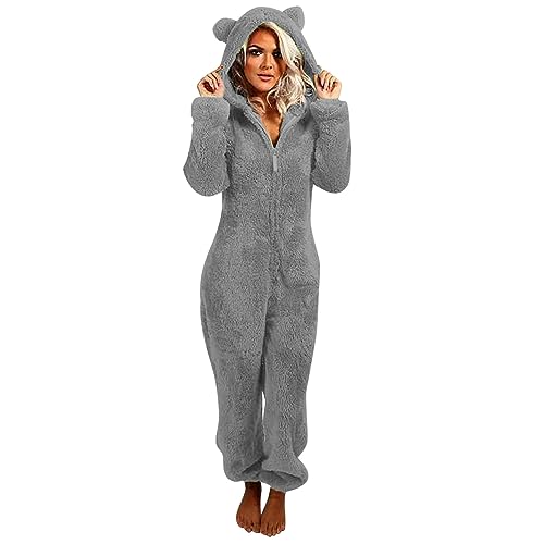 Awrvia Damen Schlafanzug Elegant Overall Einteiler Fleece Pyjama Warm Plüsch Jumpsuit Sport Nachtwäsche Y2k Zip Up Hooded mit Tasche Onesie Lässig Wärmer Homewear S-5XL Sweatshirts Herbst Winter von Awrvia