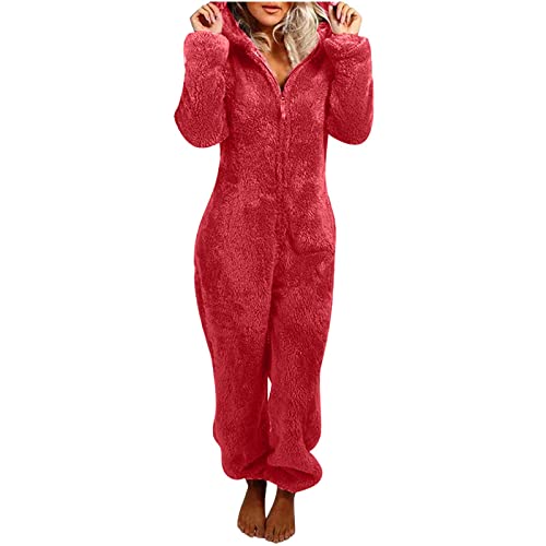 Awrvia Damen Schlafanzug Elegant Overall Einteiler Fleece Pyjama Warm Plüsch Jumpsuit Sport Nachtwäsche Y2k Zip Up Hooded mit Tasche Onesie Lässig Wärmer Homewear S-5XL Sweatshirts Herbst Winter von Awrvia