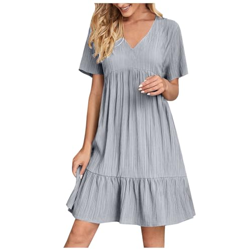 Awrvia Damen Sommer Kleider V-Ausschnitt Kurzarm Knielang Strandkleid Hohe Taille Einfarbig Freizeitkleid Musselin Lässig Casual Sommerkleider Rüschen Elegant Kleid Vintage Leicht Loungekleid von Awrvia