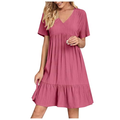 Awrvia Damen Sommer Kleider V-Ausschnitt Kurzarm Knielang Strandkleid Hohe Taille Einfarbig Freizeitkleid Musselin Lässig Casual Sommerkleider Rüschen Elegant Kleid Vintage Leicht Loungekleid von Awrvia