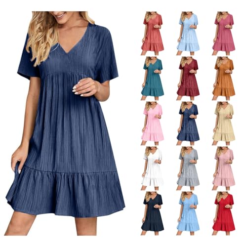 Awrvia Damen Sommer Kleider V-Ausschnitt Kurzarm Knielang Strandkleid Hohe Taille Einfarbig Freizeitkleid Musselin Lässig Casual Sommerkleider Rüschen Elegant Kleid Vintage Leicht Loungekleid von Awrvia