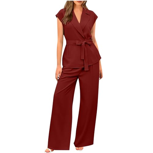 Awrvia Damen Zweiteiliger Elegant Große Größe Hosenanzug Einfarbiges Anzug Freizeithose V-Ausschnitt Top und Hohe Taille Hose Festliche Casual Herbst 2 Stück Sets Premium Business 2-teilig Outfit von Awrvia