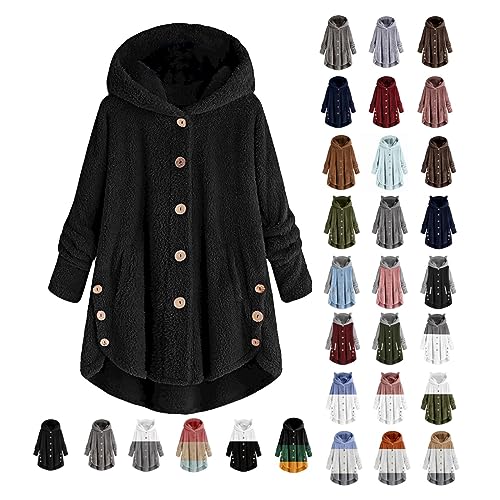 Awrvia Hoodie Damen Oversize PlüSchjacke Warm GefüTterte Fleecemantel LäSsige Teddyjacke Flauschig KäTzchen Wintermantel Farbblock Lange Cardigan Kuschelig Kawaii Kapuzenjacke mit Taschen Mantel von Awrvia