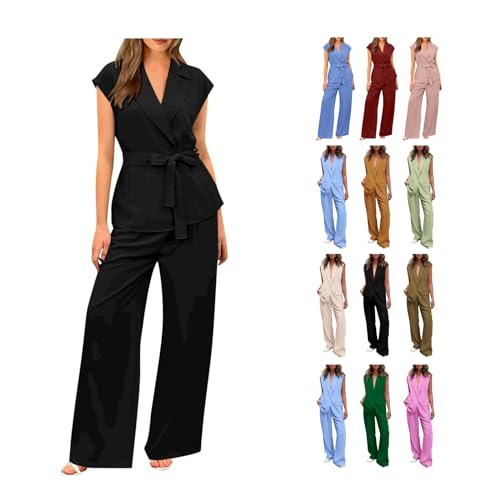 Awrvia Hosenanzug Damen Sportlich Zweiteiliger Leichter Elegant Anzug Set Vintage Ärmellos Blazer V-Ausschnitt Weste und Hose 2 Stück Casual Festliche Große Größe Outfit Sets Slim Fit Streetwear von Awrvia