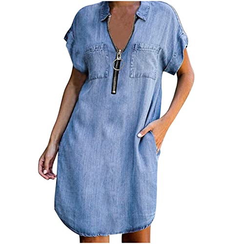 Awrvia Jeanskleid Damen Lang Hemdkleid Denim Kleid Maxi Modern Sommerkleider Locker Freizeitkleid mit Taschen Shirtkleid V-Ausschnitt GroßE GrößE Blusenkleid Sommer Vintage Tunikakleider von Awrvia