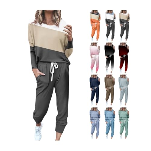 Awrvia Jogginganzug Damen Lang Set Baumwolle Modische Freizeitanzug Einfarbig Vintage Trainingsanzug Frauen Slim Sportanzug Bequemer Fitnessanzug mit Taschen Sweatshirt Oversized Hoodie Zweiteiler von Awrvia